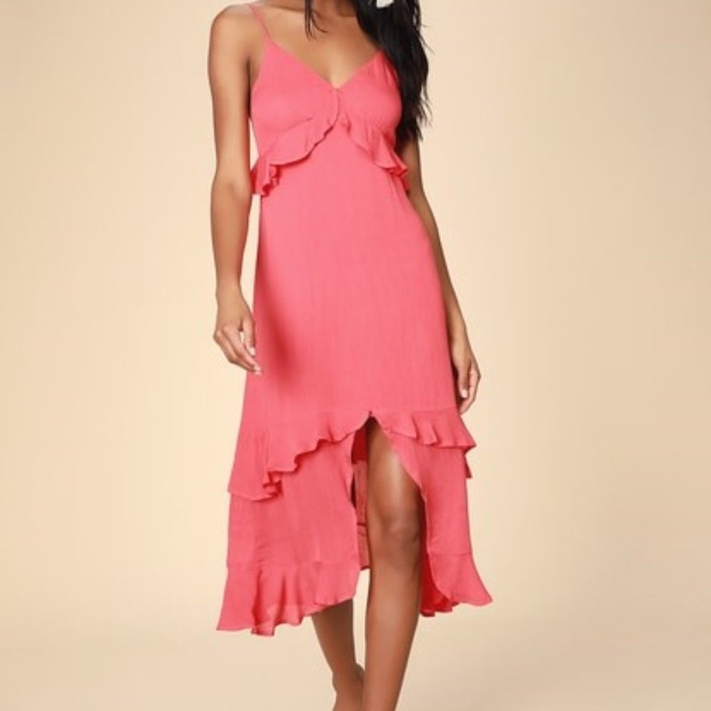 Coral Pink Ruffled Midi Dress